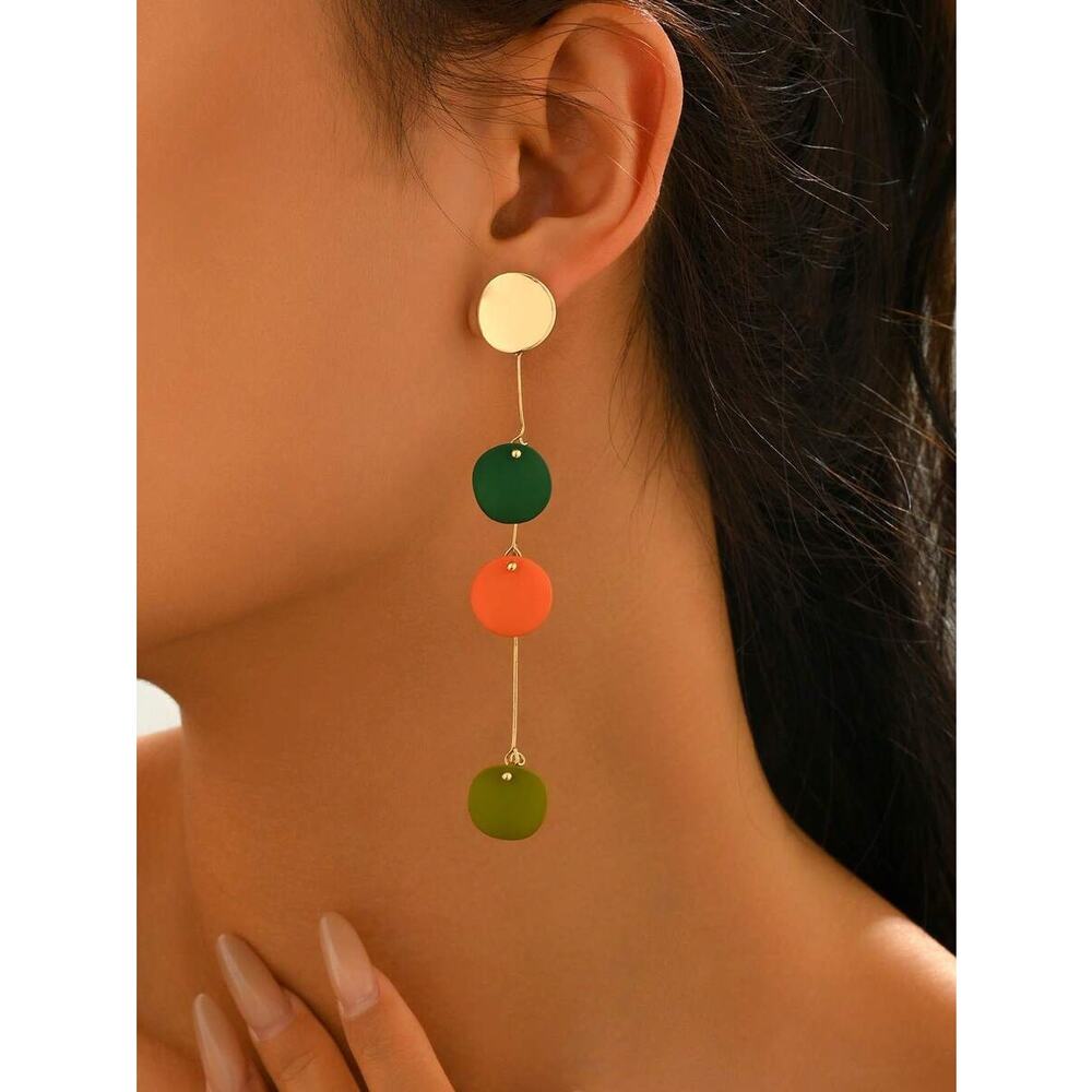Bold Geometric Drop Earrings – Gold with Green, Orange & Olive Discs